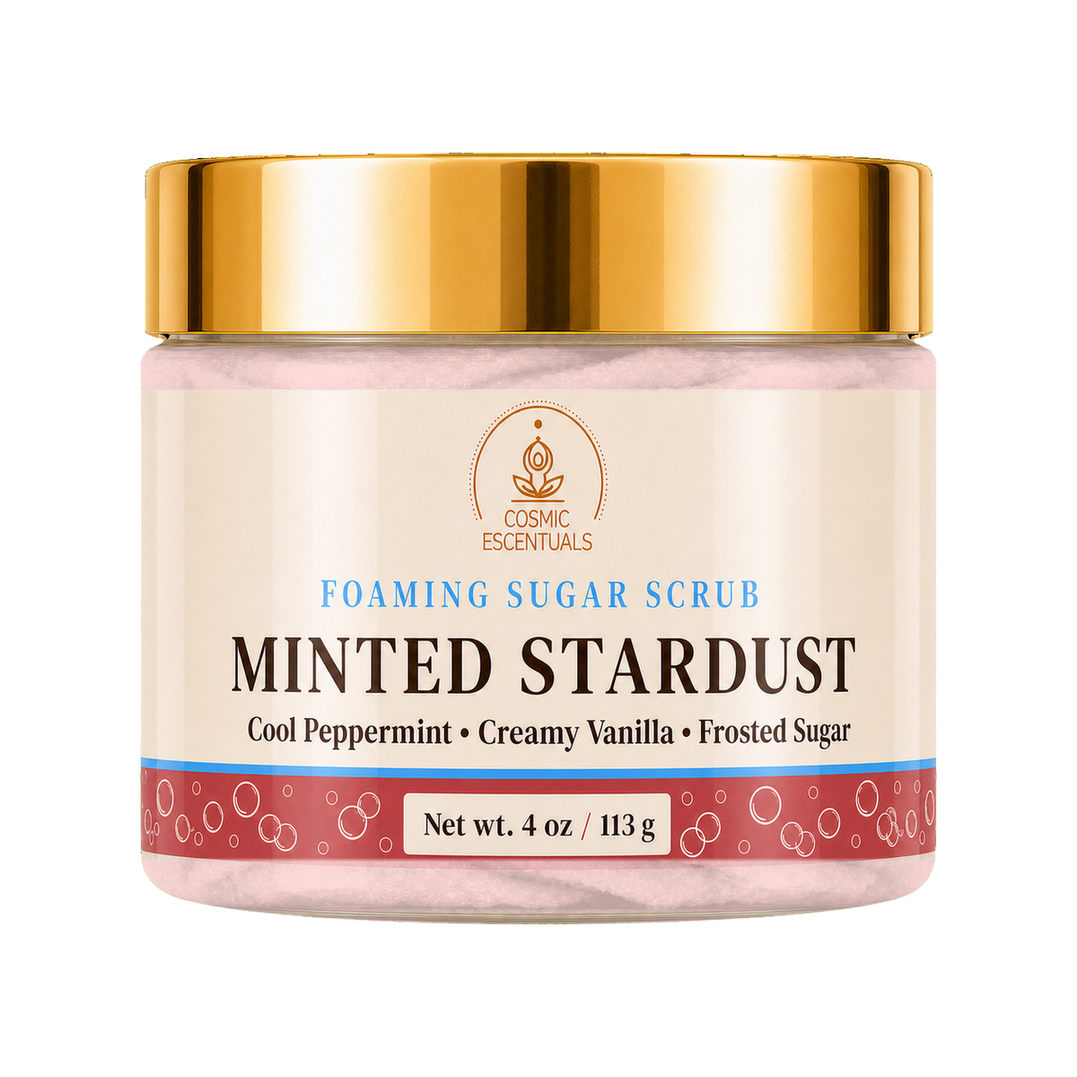 Cosmic Essentials Minted Stardust Foaming Sugar Scrub in a 4 oz jar with a shiny gold lid and cream-colored label.