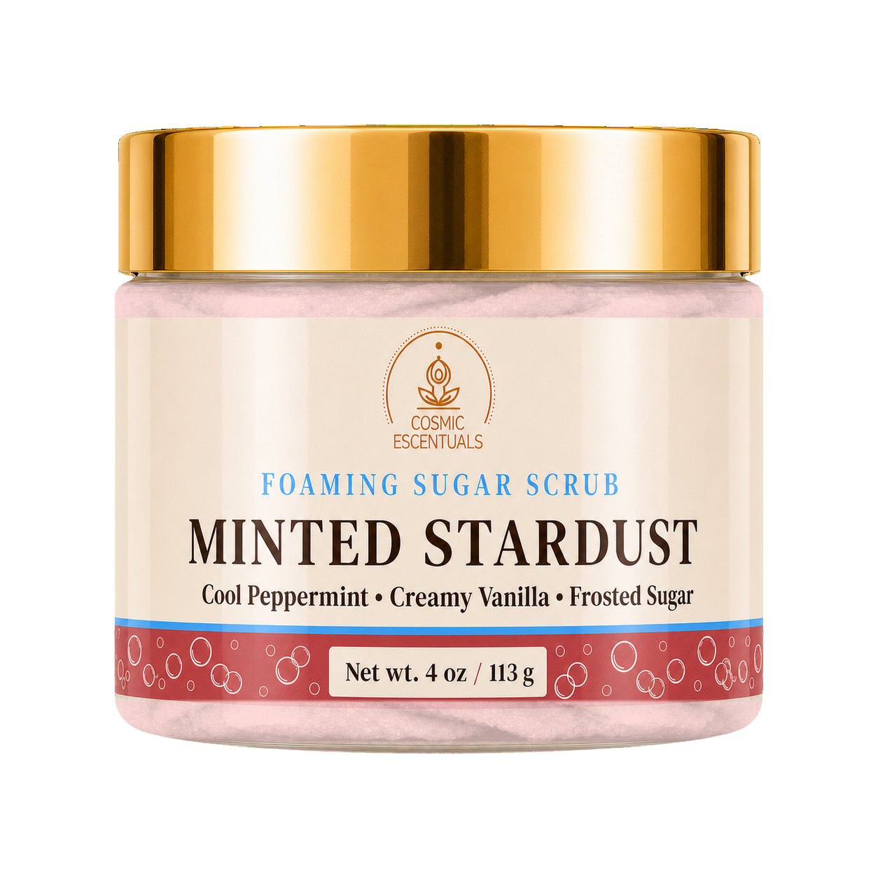 Cosmic Essentials Minted Stardust Foaming Sugar Scrub in a 4 oz jar with a shiny gold lid and cream-colored label.