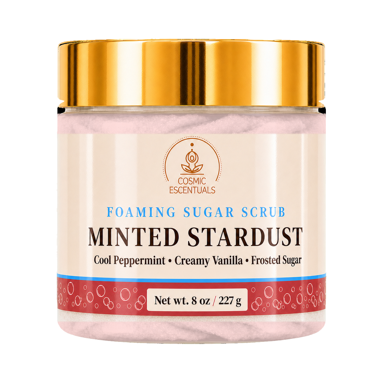 Cosmic Essentials Minted Stardust Foaming Sugar Scrub in an 8 oz jar with a shiny gold lid and cream-colored label.