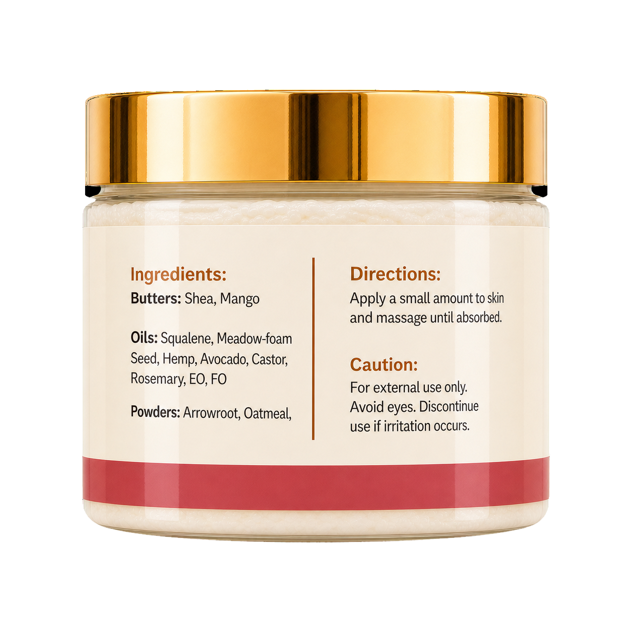 A jar of skincare cream with a shiny gold metallic lid, a cream-colored label with text, and a coral red stripe at the bottom, set against a plain white background.