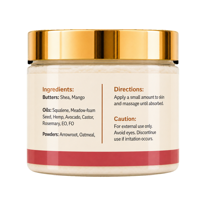 A jar of skincare cream with a shiny gold metallic lid, a cream-colored label with text, and a coral red stripe at the bottom, set against a plain white background.