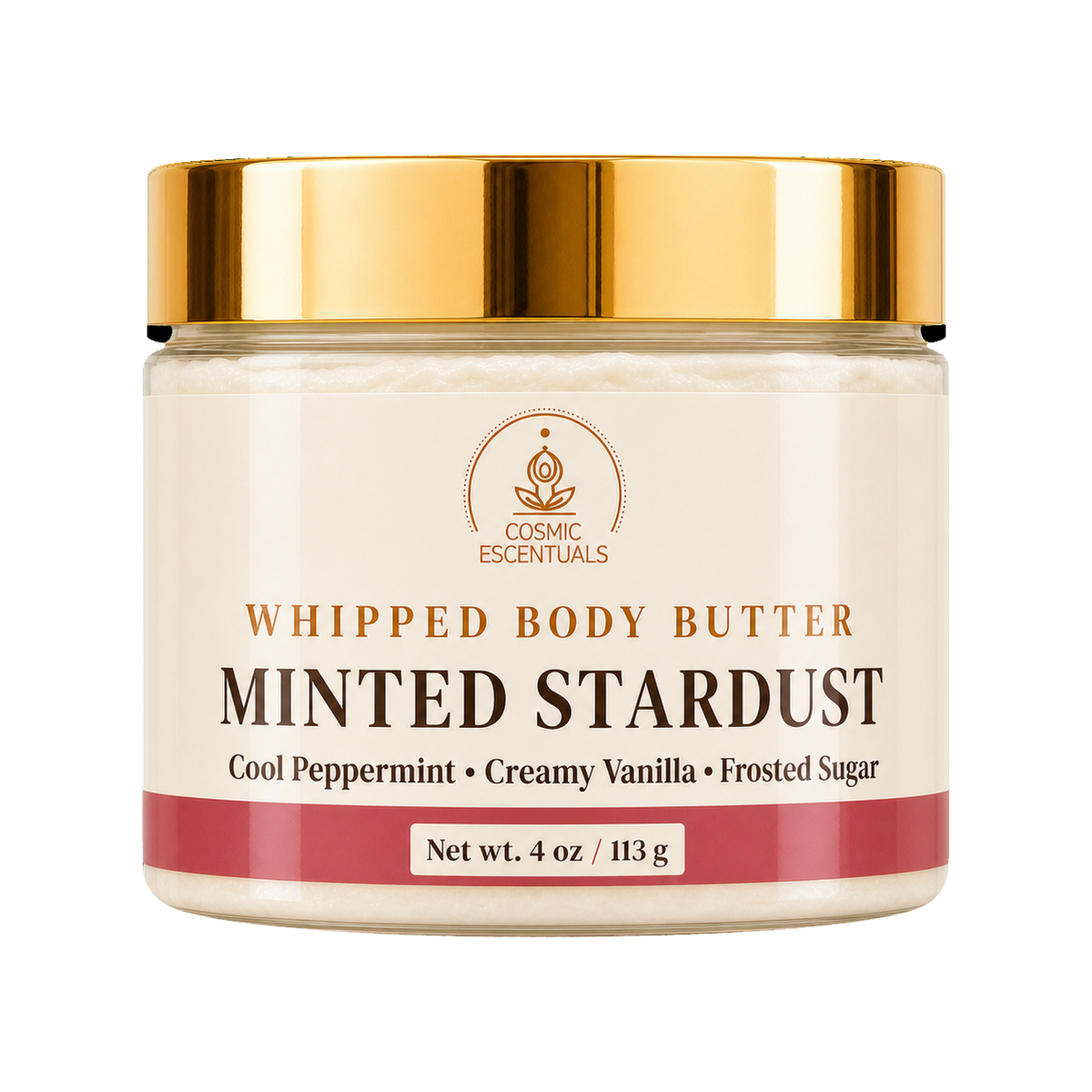 Cosmic Essentials Whipped Body Butter in Minted Stardust scent, in a 4 oz jar with a cream-colored label, a metallic gold lid, and a dusty rose accent band at the bottom.