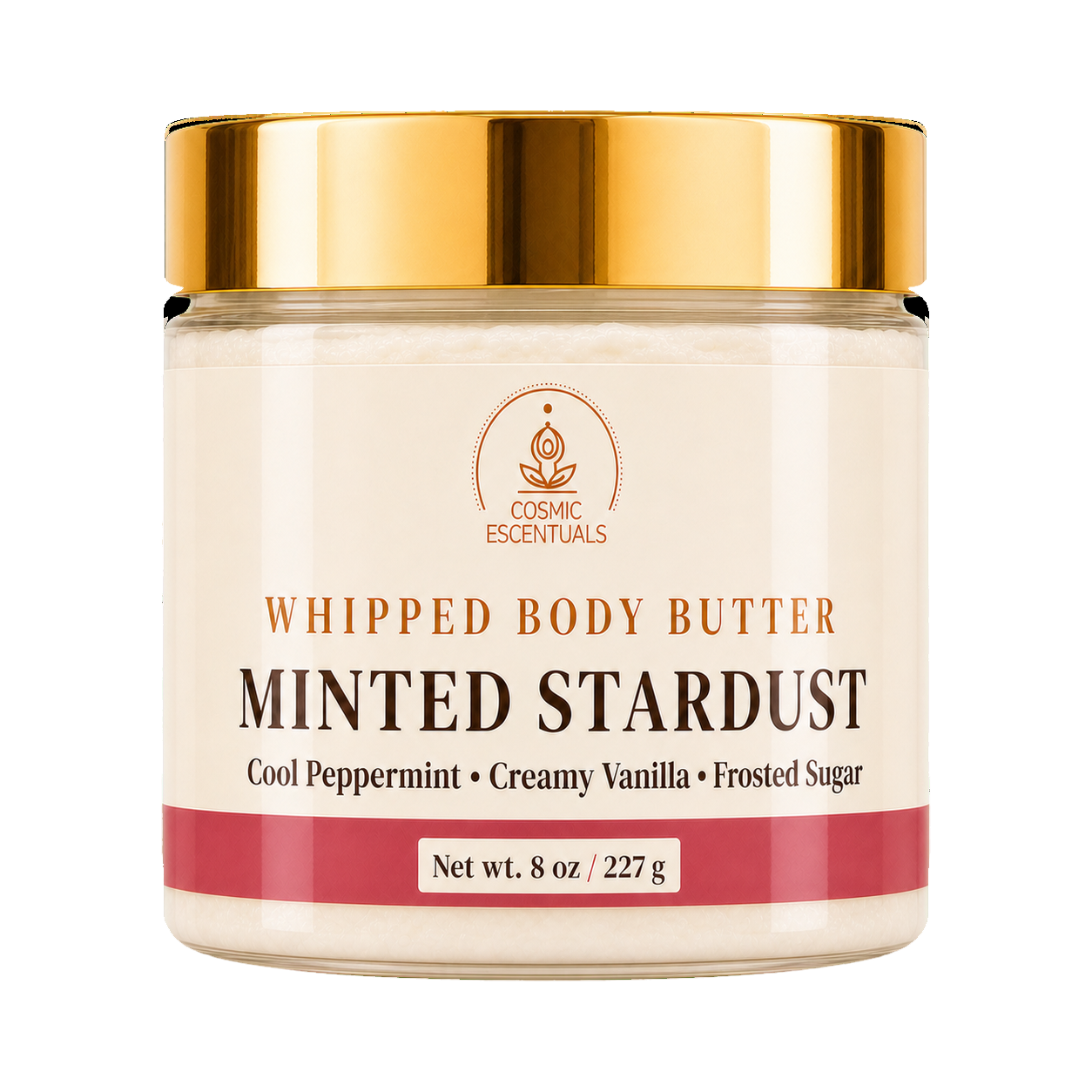 Cosmic Essentials Whipped Body Butter in Minted Stardust scent, in an 8 oz clear jar with a shiny gold lid and cream-colored label.