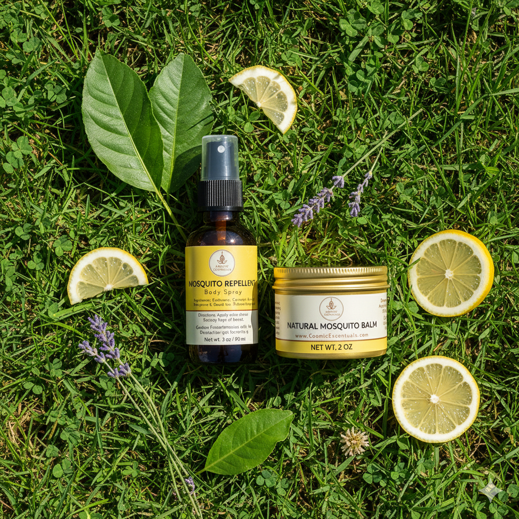 Cosmic Escentuals mosquito repellent body oil and natural mosquito balm styled with outdoor botanicals in grass
