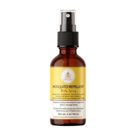 Brown bottle of mosquito repellent body spray with a yellow label on a white background