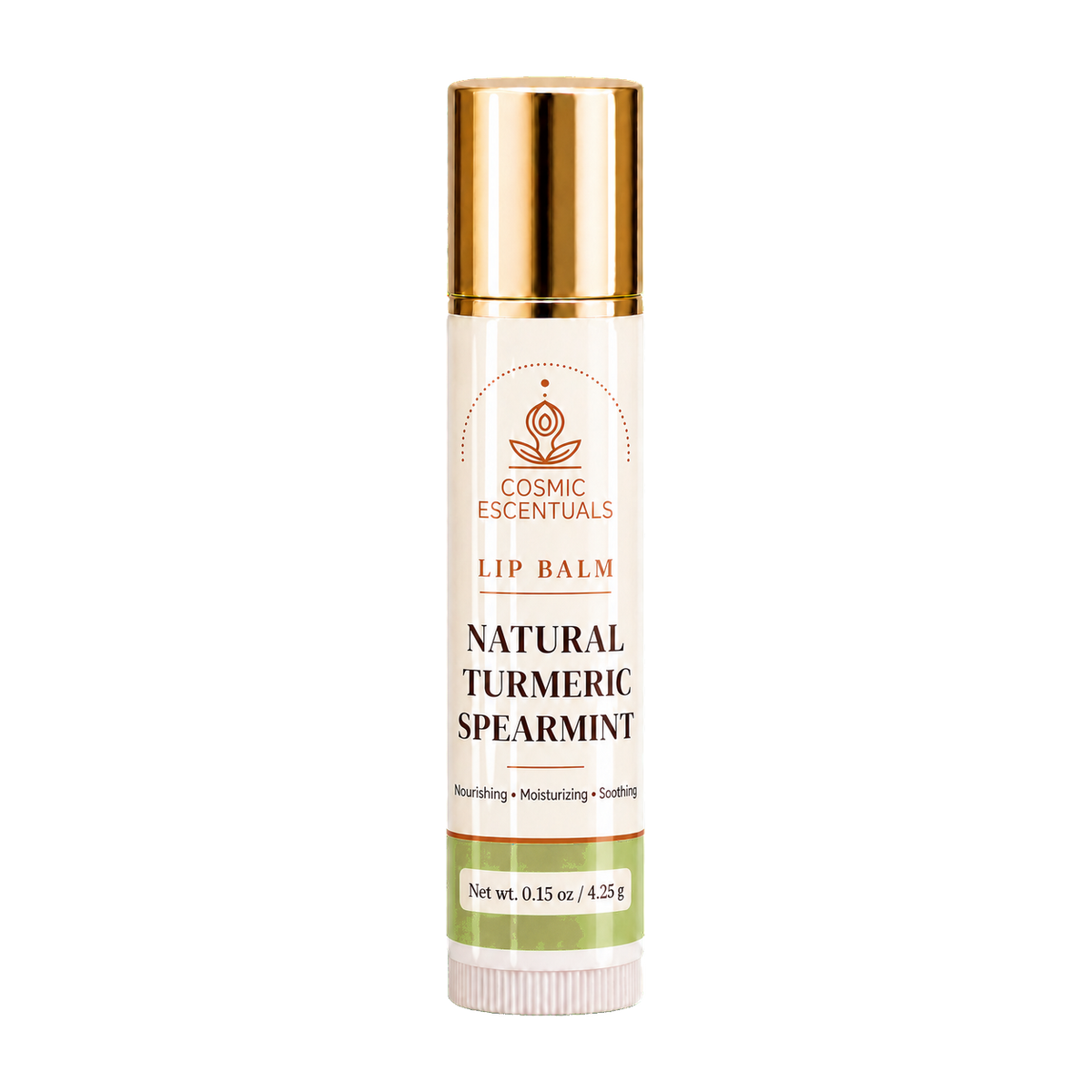 Natural Turmeric Spearmint Lip Balm tube on a plain white background.