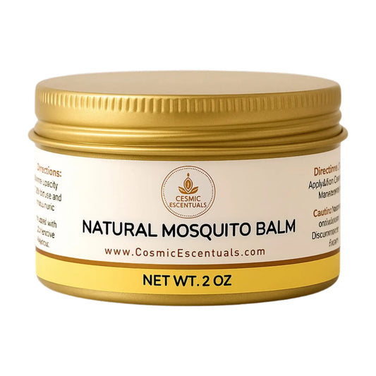 Jar of natural mosquito balm with gold lid and label on a white background