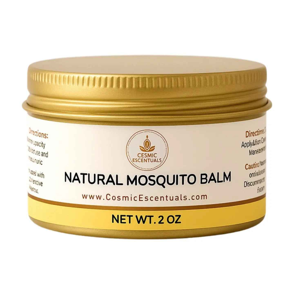 Natural mosquito balm tin with gold lid, label and net wt 2 oz