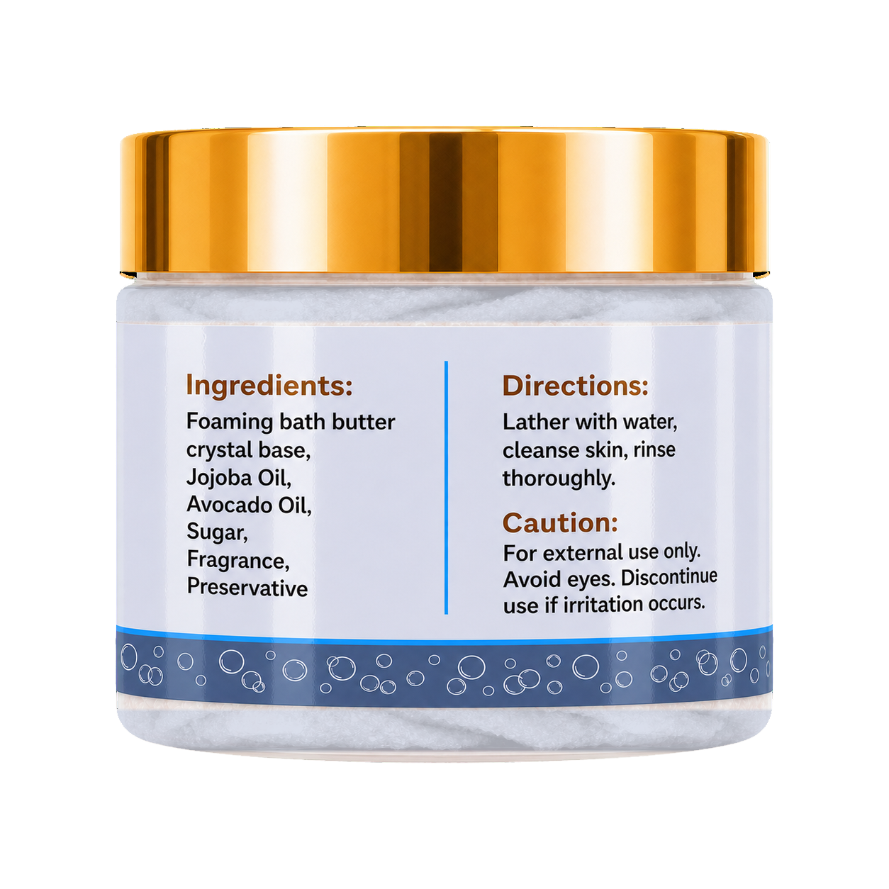 A jar of foaming bath butter with a shiny gold lid and a white label featuring blue accents and product instructions.