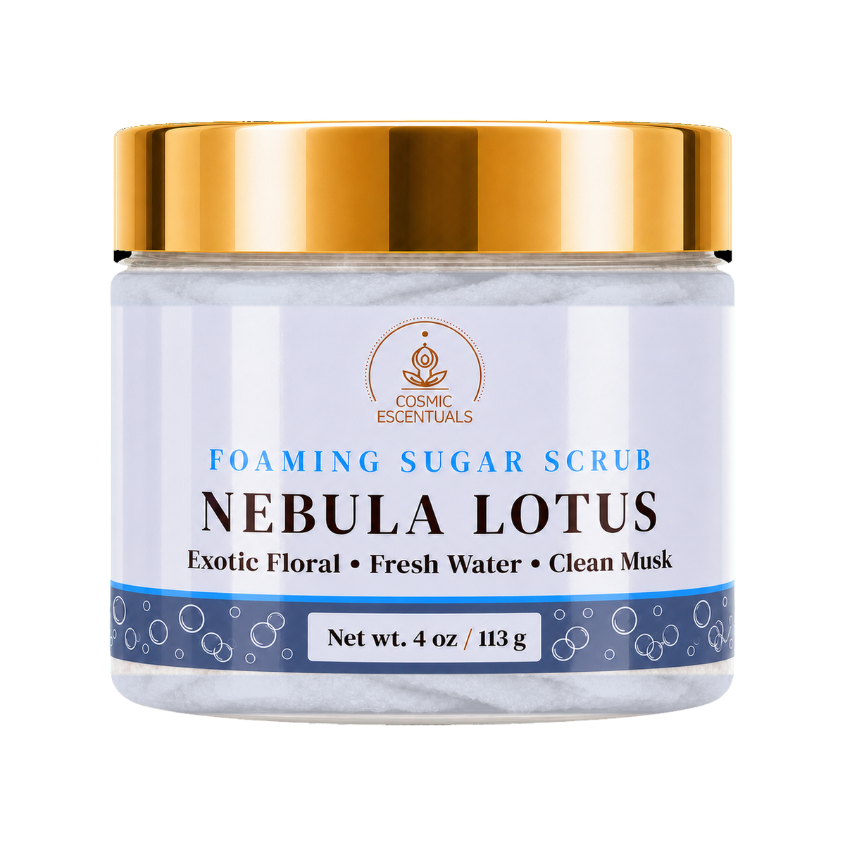 Cosmic Essentials Nebula Lotus Foaming Sugar Scrub in a 4 oz jar with a shiny gold lid and a white label featuring blue and black text.