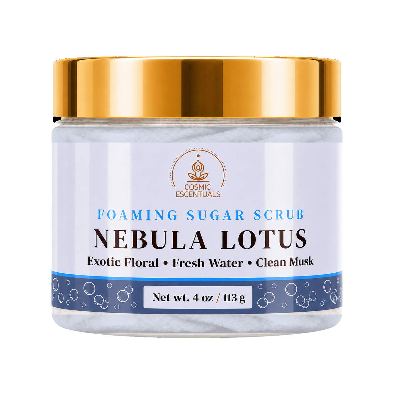 Cosmic Essentials Nebula Lotus Foaming Sugar Scrub in a 4 oz jar with a shiny gold lid and a white label featuring blue and black text.
