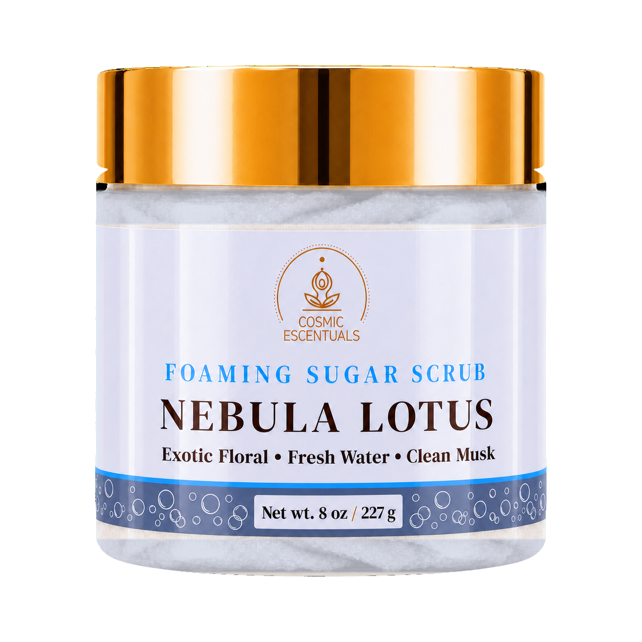 Cosmic Essentials Nebula Lotus Foaming Sugar Scrub in a clear jar with a metallic gold lid and a white label with blue and brown text.