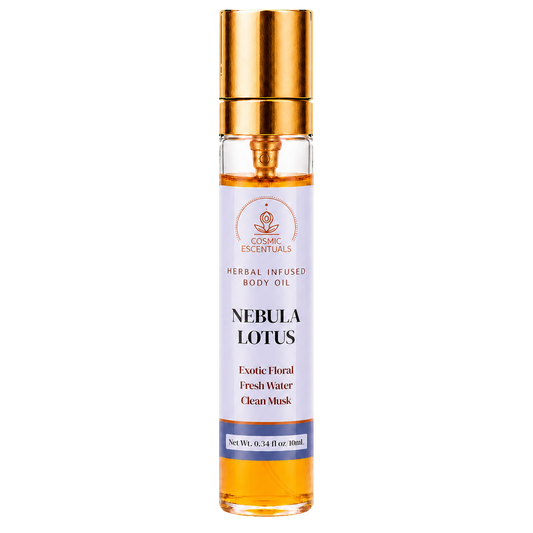 A 10 ml glass roller bottle of Nebula Lotus Herbal Infused Body Oil by Cosmic Essentials, featuring a white label and a metallic gold cap, set against a plain white background.