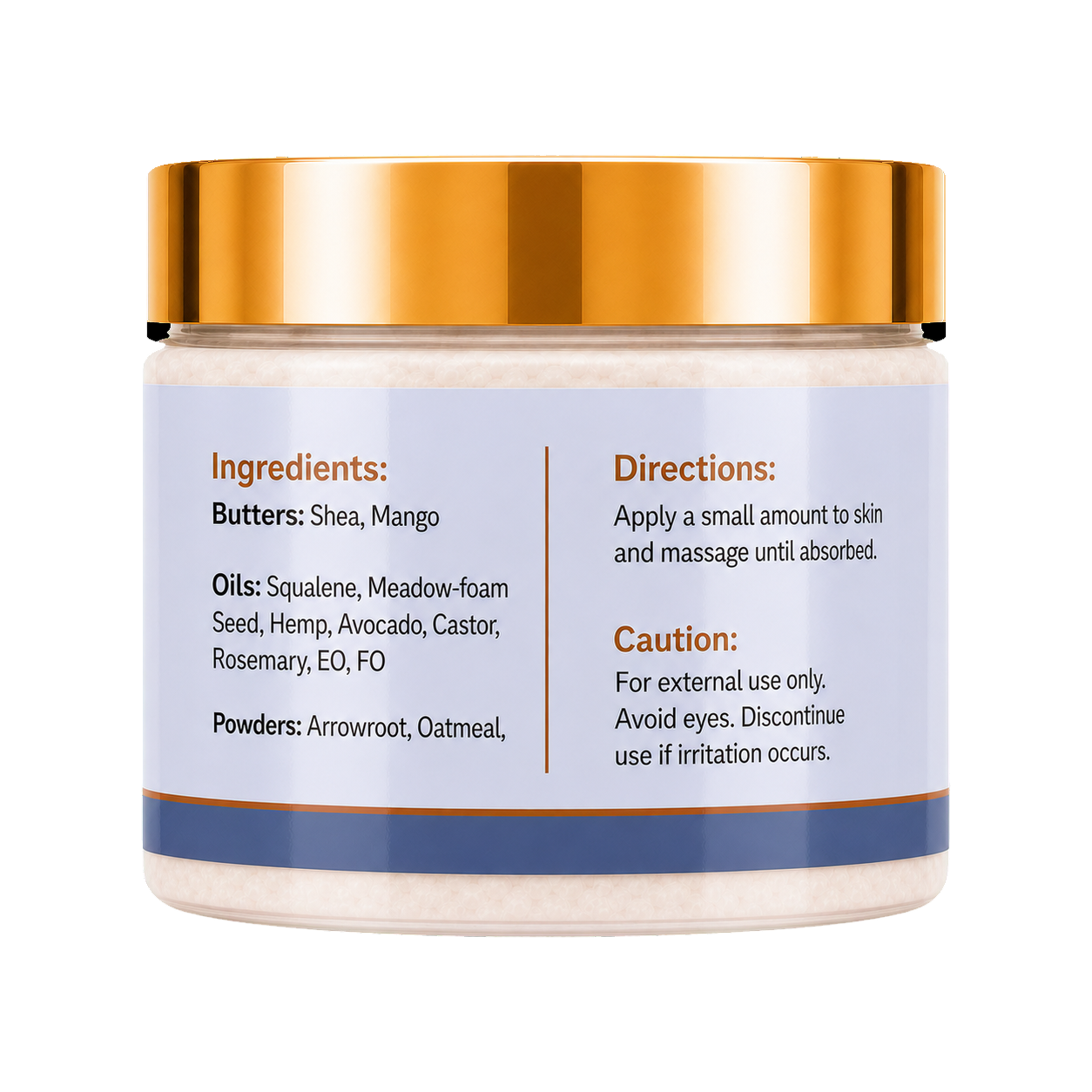 A jar of body butter with a metallic gold lid and a white label showing ingredients and directions, set against a plain white background.