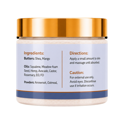 A jar of body butter with a metallic gold lid and a white label showing ingredients and directions, set against a plain white background.