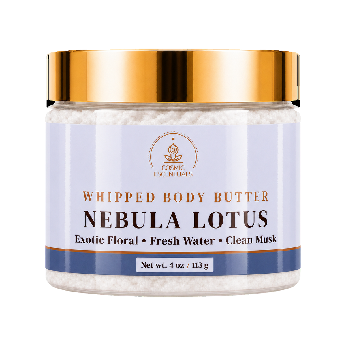 Cosmic Essentials Whipped Body Butter in Nebula Lotus scent, in a clear jar with a metallic gold lid and a light lavender label, on a white background.