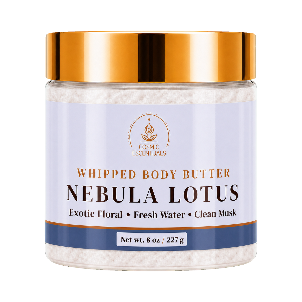 Cosmic Essentials Whipped Body Butter in Nebula Lotus scent, in a clear jar with a metallic gold lid and a light lavender label, containing white whipped body butter.