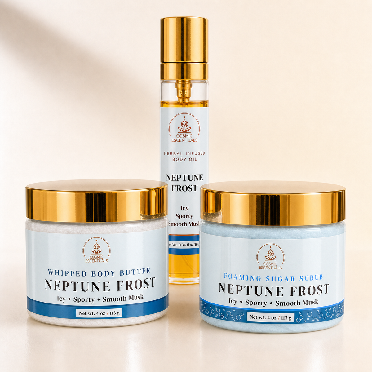 Neptune Frost Bundle featuring Whipped Body Butter, Foaming Sugar Scrub, and Herbal Body Oil Spray, arranged together on a plain white background.