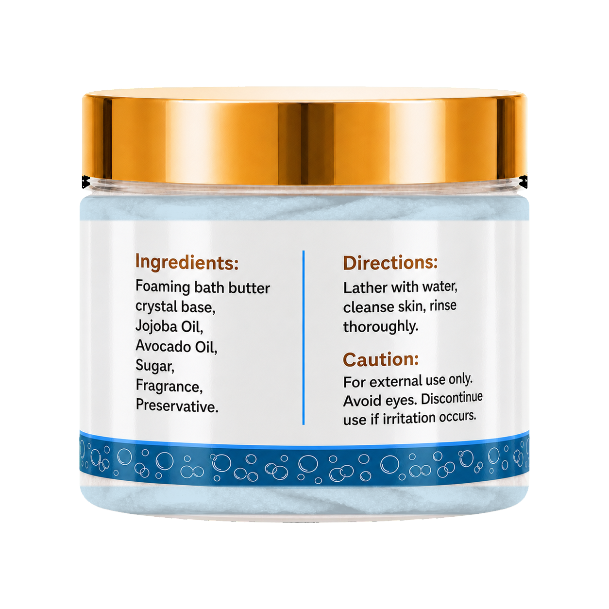 A jar of foaming bath butter with a metallic gold lid and a white label displaying ingredients, directions, and caution details. The jar is filled with light blue bath butter crystals and features a blue patterned band near the bottom.