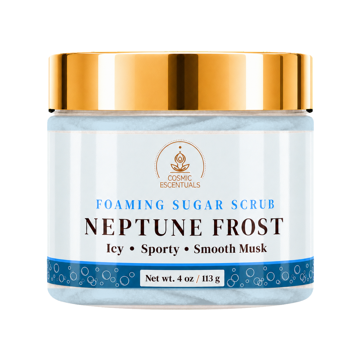 Cosmic Essentials Neptune Frost Foaming Sugar Scrub in a 4 oz jar with a metallic gold lid and a white label featuring blue and gold text.