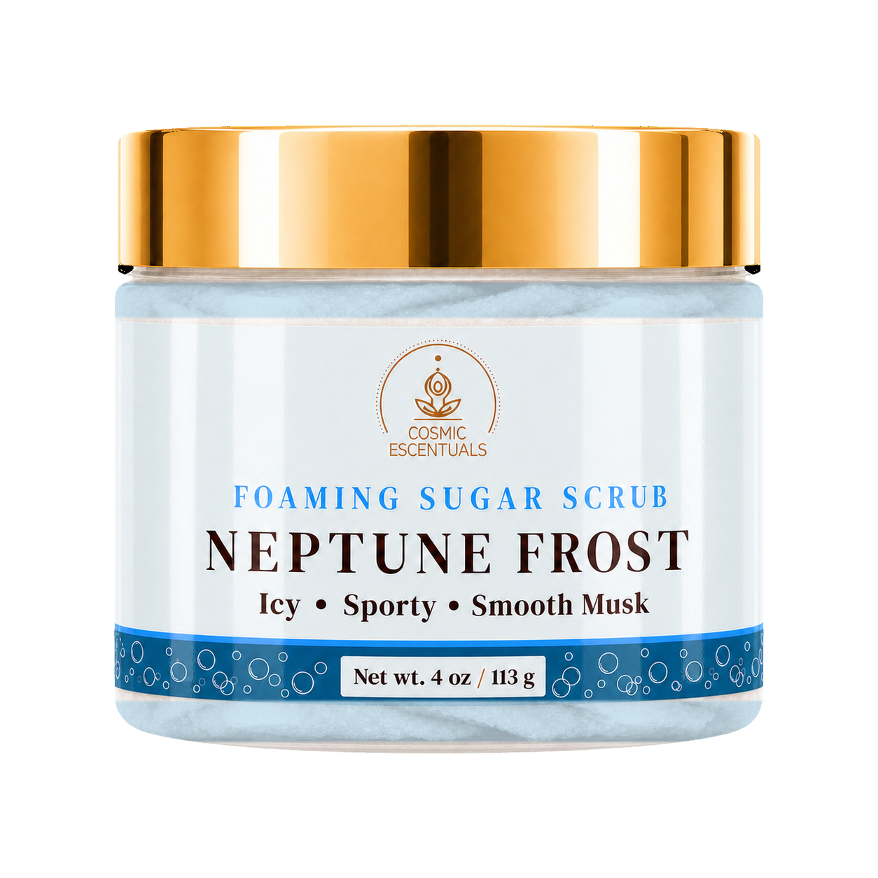 Cosmic Essentials Neptune Frost Foaming Sugar Scrub in a 4 oz jar with a metallic gold lid and a white label featuring blue and gold text.