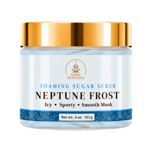 Cosmic Essentials Neptune Frost Foaming Sugar Scrub in a 4 oz jar with a metallic gold lid and a white label featuring blue and gold text.