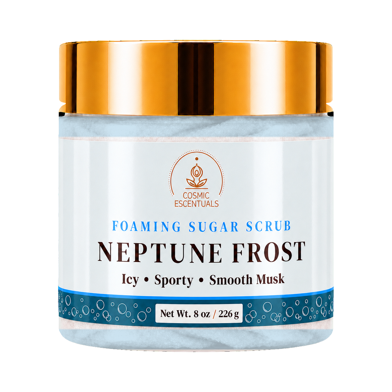 Cosmic Essentials Neptune Frost Foaming Sugar Scrub in an 8 oz jar with a metallic gold lid and a white label featuring blue and black text.