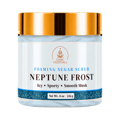 Cosmic Essentials Neptune Frost Foaming Sugar Scrub in an 8 oz jar with a metallic gold lid and a white label featuring blue and black text.