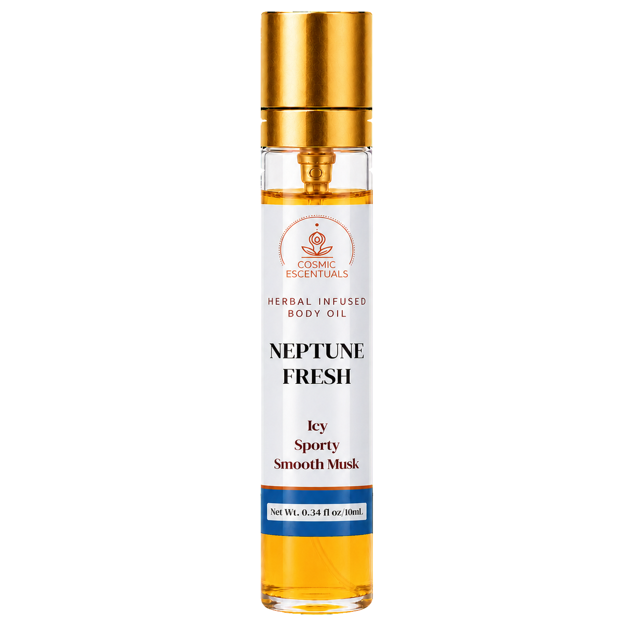 A clear cylindrical bottle of Cosmic Escentuals Neptune Frost Herbal Infused Body Oil with a metallic gold cap and a white label, shown on a plain white background.