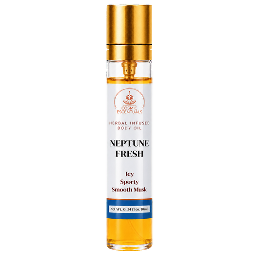 A clear cylindrical bottle of Cosmic Escentuals Neptune Frost Herbal Infused Body Oil with a metallic gold cap and a white label, shown on a plain white background.