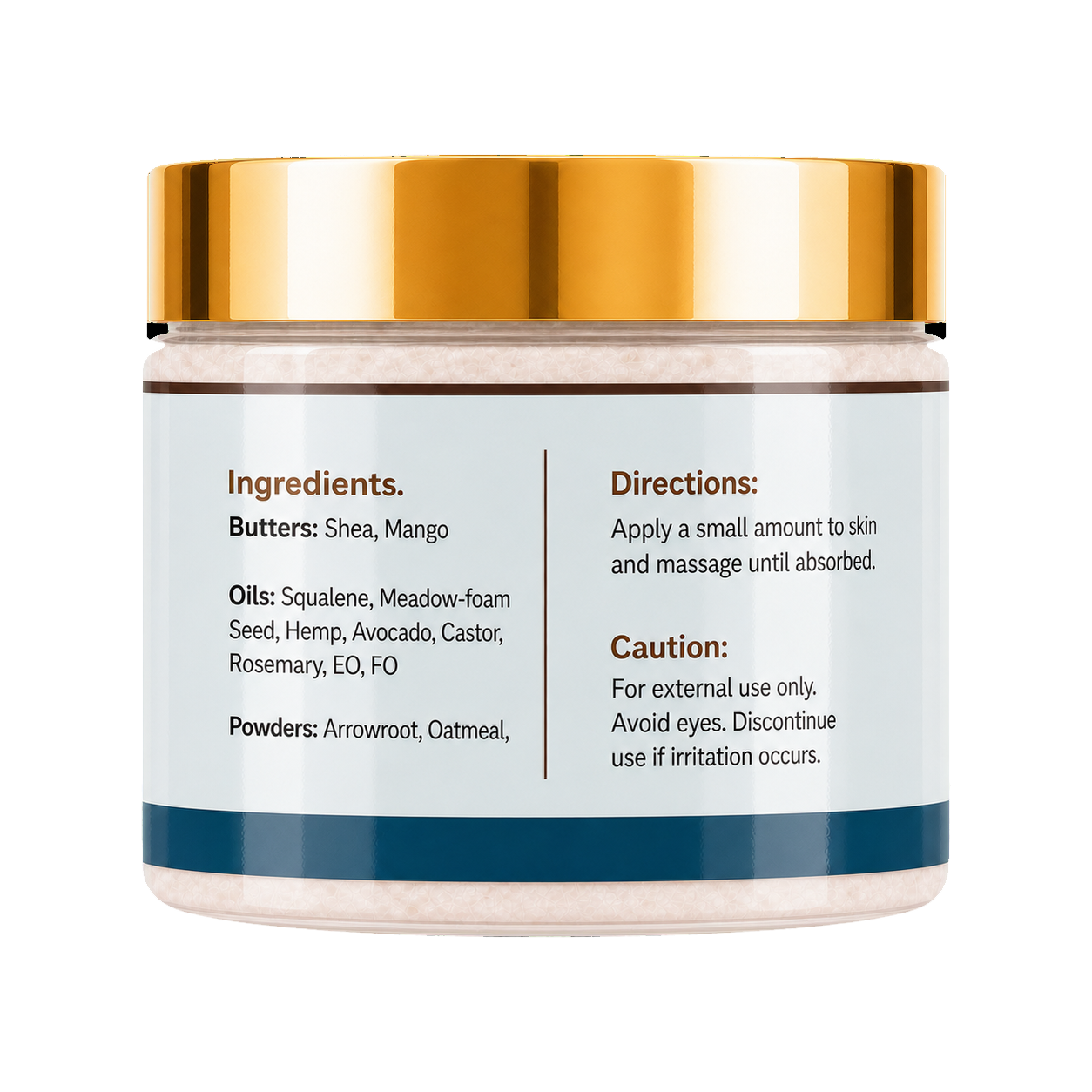 A cosmetic jar of bath salts with a shiny gold lid and a white label featuring ingredients and directions, set against a plain white background.