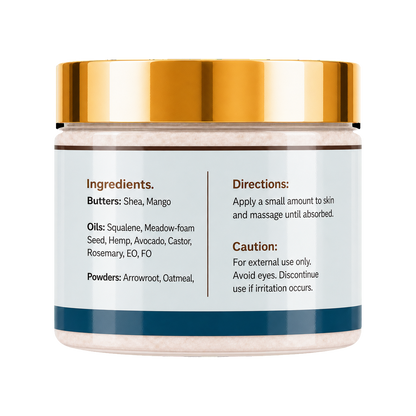 A cosmetic jar of bath salts with a shiny gold lid and a white label featuring ingredients and directions, set against a plain white background.