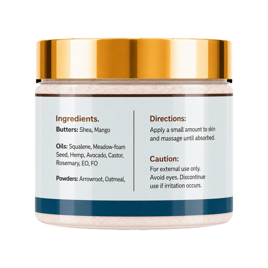 A cosmetic jar of bath salts with a shiny gold lid and a white label featuring ingredients and directions, set against a plain white background.