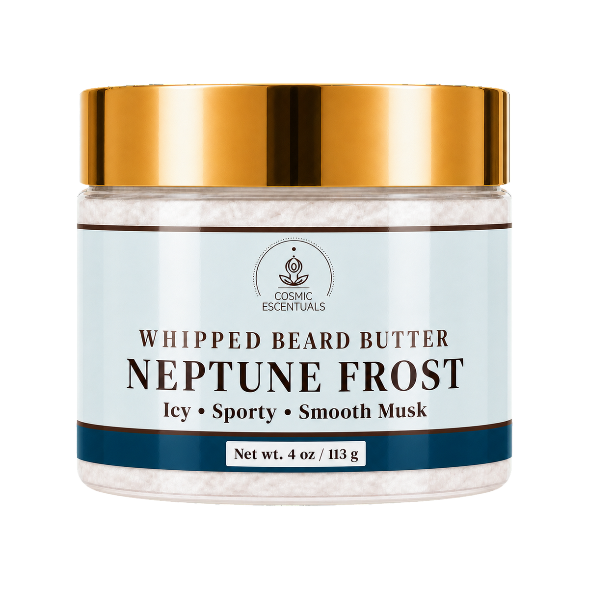 Cosmic Essentials Neptune Frost Whipped Beard Butter in a clear jar with a metallic gold lid and a light blue label, shown on a white background.