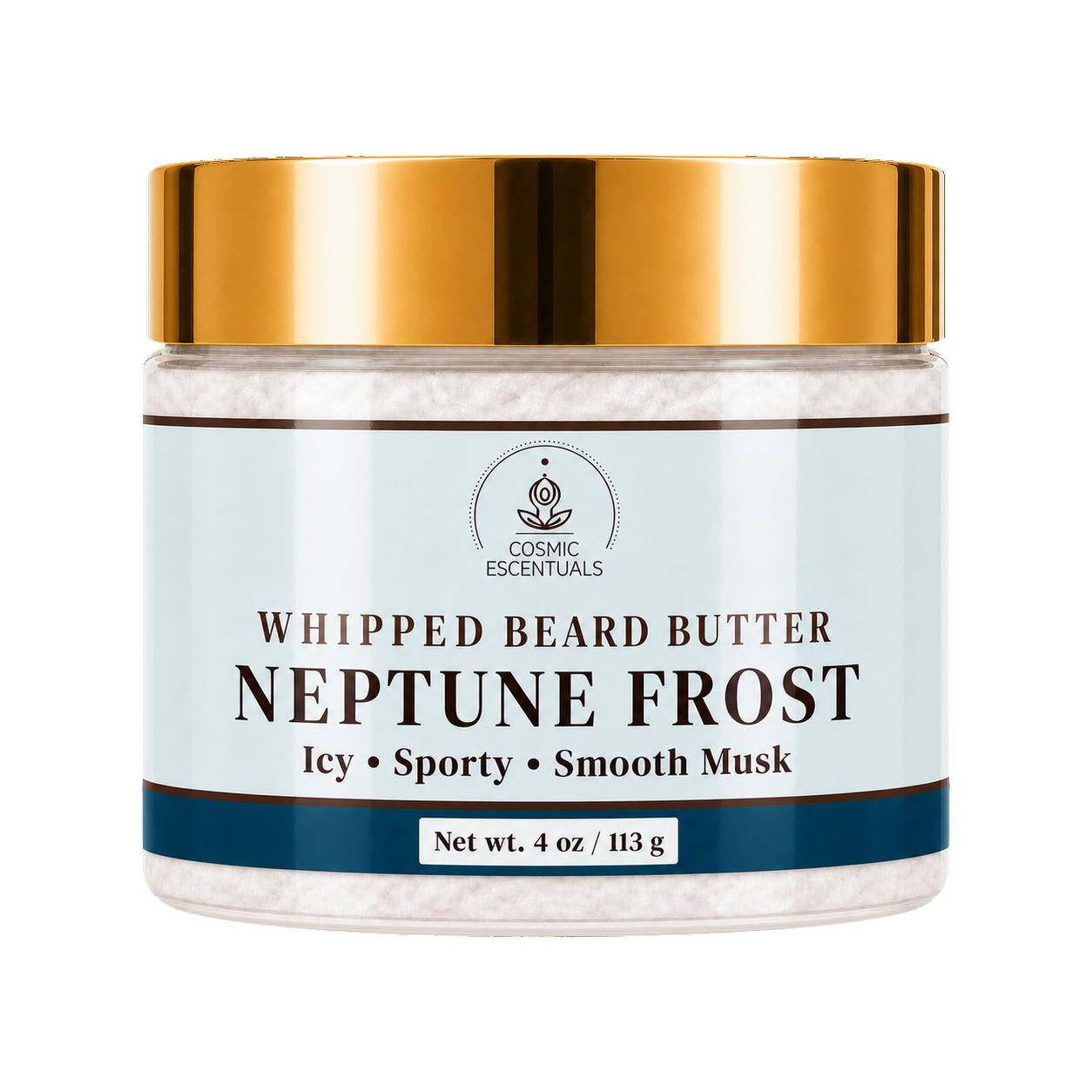 Cosmic Essentials Neptune Frost Whipped Beard Butter in a clear jar with a metallic gold lid and a light blue label, shown on a white background.