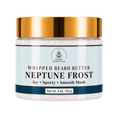 Cosmic Essentials Neptune Frost Whipped Beard Butter in a clear jar with a metallic gold lid and a light blue label, shown on a white background.