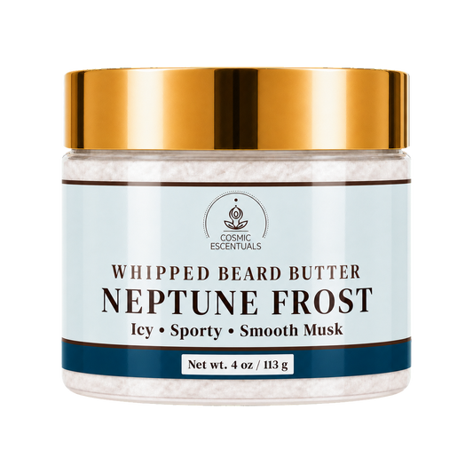 Cosmic Essentials Neptune Frost Whipped Beard Butter in a clear jar with a metallic gold lid and a light blue label, shown on a white background.