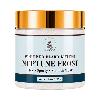 Cosmic Essentials Neptune Frost Whipped Beard Butter in an 8 oz jar with a metallic gold lid and a light blue label.