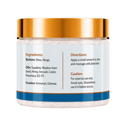 A jar of Neptune Frost Whipped Body Butter with a metallic gold lid and a light blue label showing ingredients and directions, set against a plain white background.