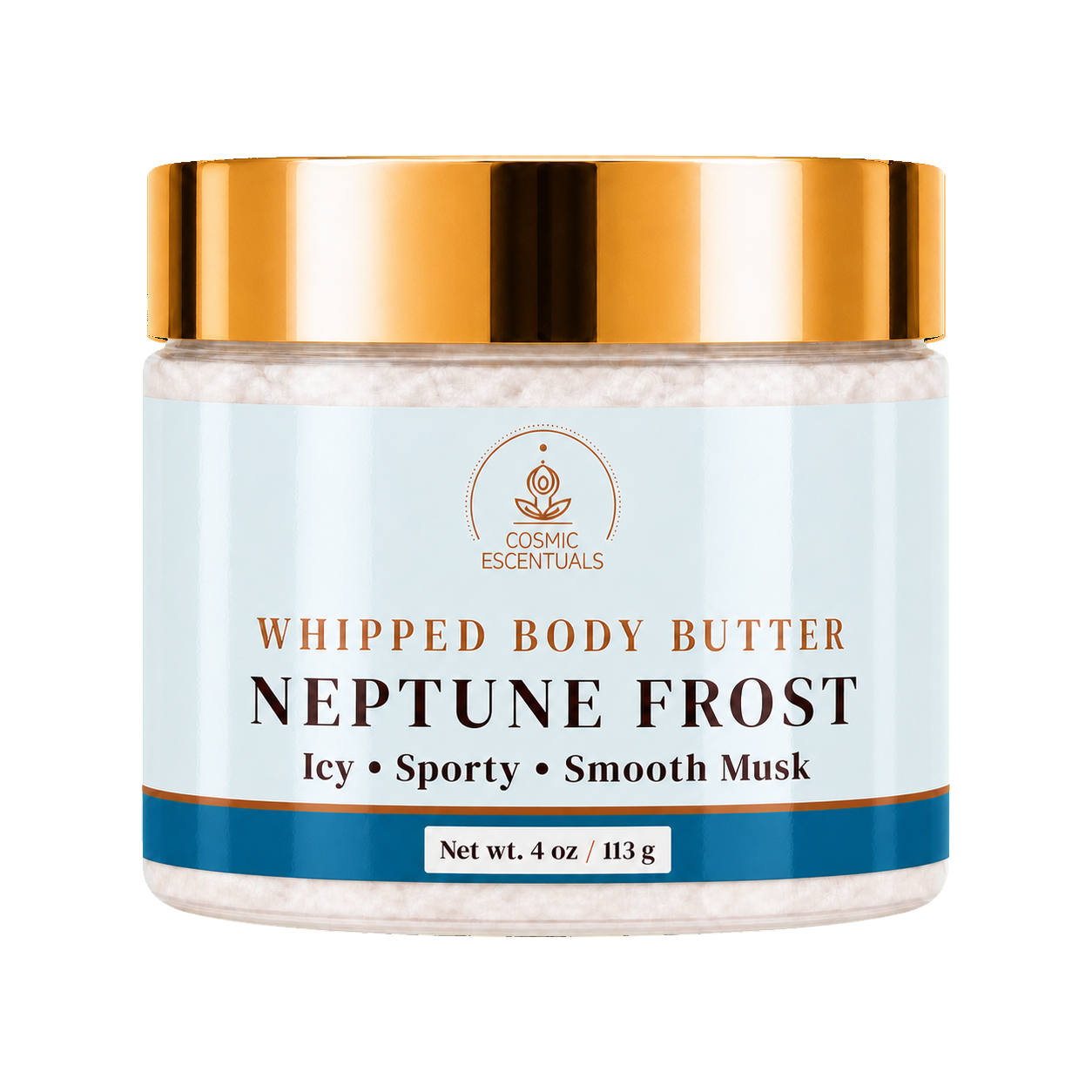 Cosmic Escentuals Whipped Body Butter, Neptune Frost, 4oz jar with a shiny gold lid and a light blue label, shown on a plain white background.