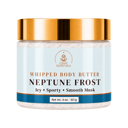 Cosmic Escentuals Whipped Body Butter, Neptune Frost, 4oz jar with a shiny gold lid and a light blue label, shown on a plain white background.