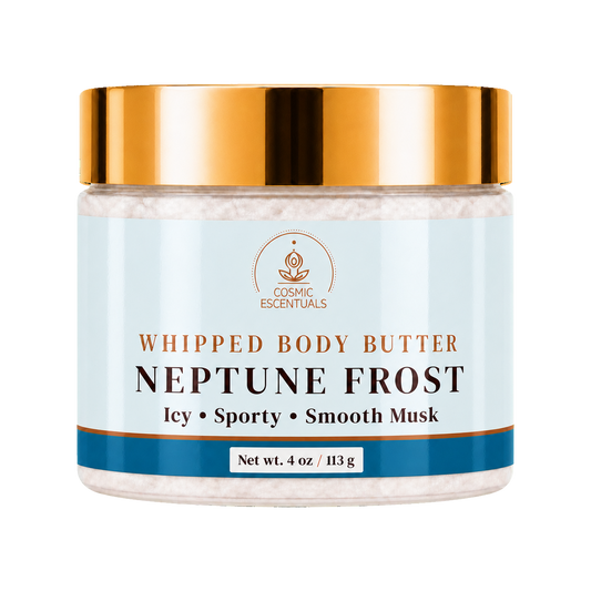 Cosmic Escentuals Whipped Body Butter, Neptune Frost, 4oz jar with a shiny gold lid and a light blue label, shown on a plain white background.