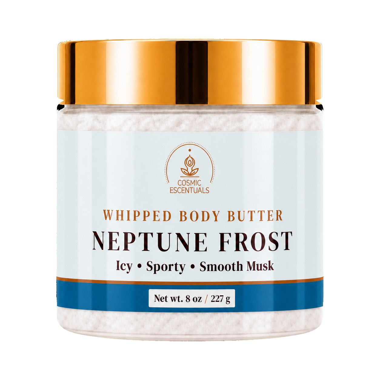 Cosmic Escentuals Whipped Body Butter, Neptune Frost, 8oz jar with a shiny gold lid and a light blue label, shown on a plain white background.