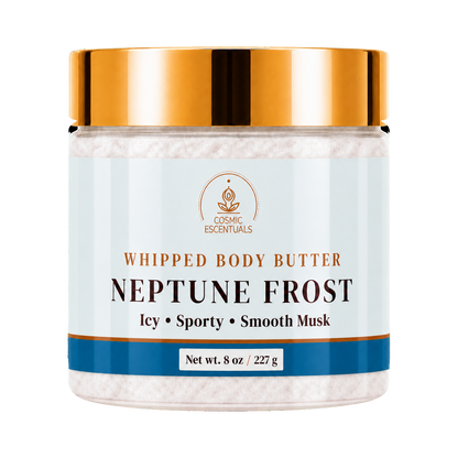 Cosmic Escentuals Whipped Body Butter, Neptune Frost, 8oz jar with a shiny gold lid and a light blue label, shown on a plain white background.