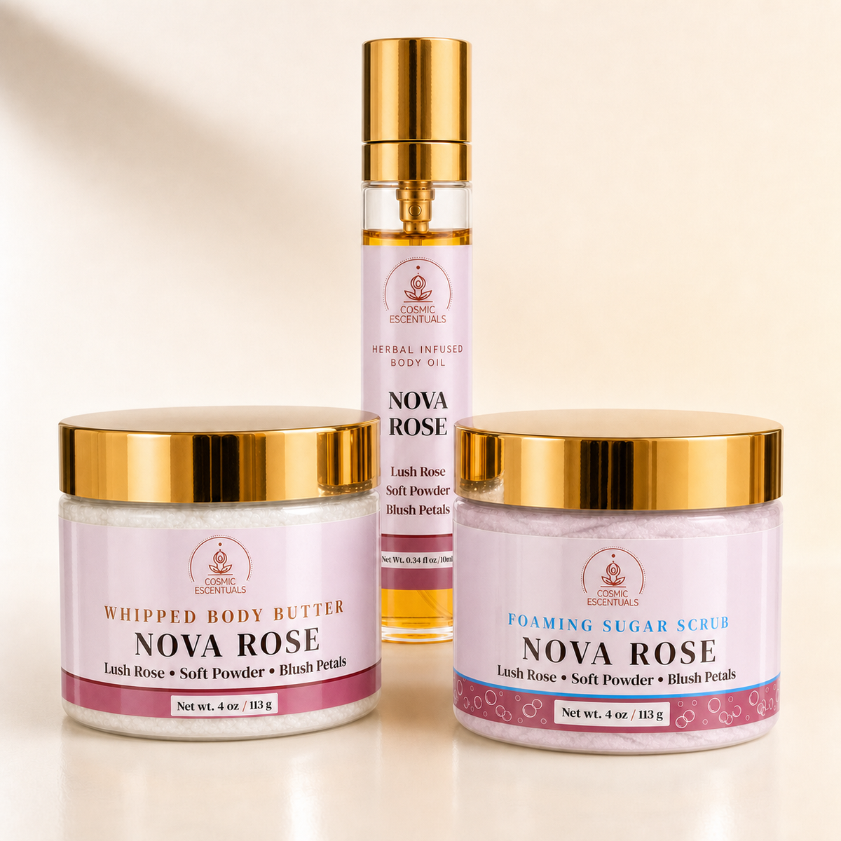 Nova Rose Bundle - Whipped Body Butter, Foaming Sugar Scrub, and Herbal Body Oil Spray, three piece collection photo.