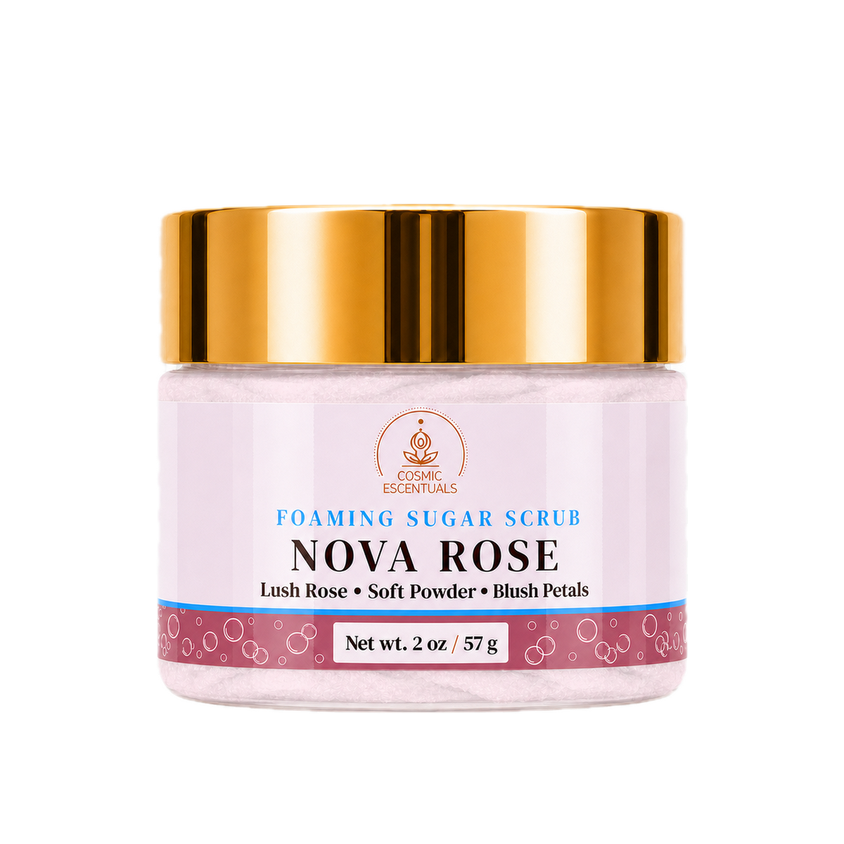 Nova Rose Foaming Sugar Scrub 2oz jar shown on its own against a plain background.