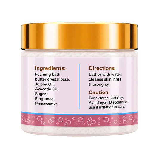 Back of Nova Rose Foaming Sugar Scrub 4oz jar showing ingredients and directions.