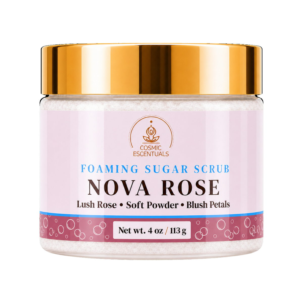 Cosmic Escentuals Nova Rose Foaming Sugar Scrub, 4oz jar with a shiny gold lid and a rose-pink label, on a plain white background.