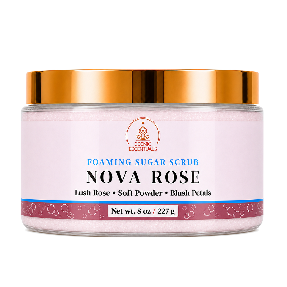 Nova Rose Foaming Sugar Scrub 8oz jar shown on its own against a plain background.