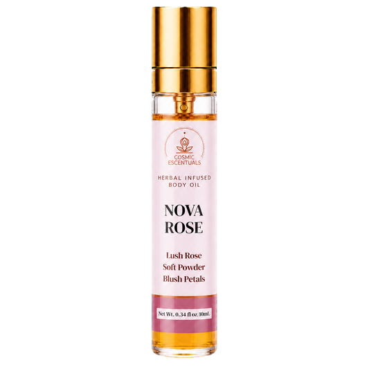 A clear cylindrical bottle of Nova Rose Herbal Infused Body Oil with a shiny gold cap and a light pink label, shown against a plain white background.